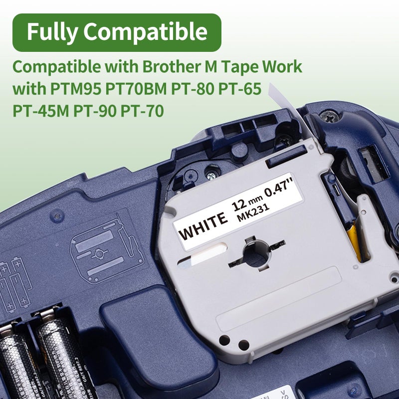 فريق عظيم استبدال عبوات شريط الملصقات Greateam PTM95 لشريط P-Touch M M-K231 Brother Tape 12 مم 0.47 بوصة أبيض M231 MK231 MK-231 متوافق مع P-Touch PT70 PT80 PT65 PT70BM PT90 PT45 صانع الملصقات 5 عبوات - Image 2
